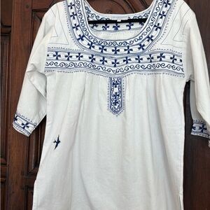 Mi Golondrina White Tunic with Blue Embroidery